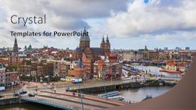  Presentation with amsterdam - PPT theme with amsterdam-netherlands-town-cityscape-over background and a light blue colored foreground