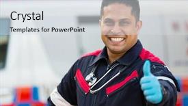  Presentation with medical emergency - Theme featuring amublance driver - cheerful emergency medical technician giving background and a sky blue colored foreground