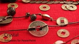  Presentation with feng shui - Slides with amulet - feng shui coins on table background and a crimson colored foreground