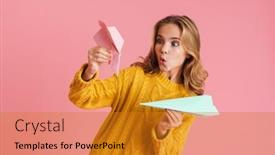  Presentation with paper planes - Theme enhanced with amusing-beautiful-blonde-girl-smiling background and a gold colored foreground