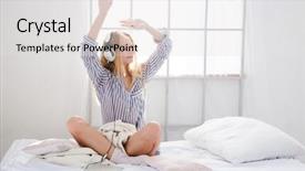  Presentation with socks - Audience pleasing slide set consisting of amusing beautiful content girl in pajamas and knitted socks listening music using headphones and dancing on white bed backdrop and a white colored foreground