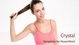  Presentation with girl pink baby shower - PPT theme featuring amusing cheerful fitness girl in pink top holding her long hair in ponytail over white background background and a lemonade colored foreground