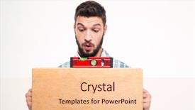  Presentation with bubble - Audience pleasing PPT theme consisting of amusing concentrated young bearded man using bubble level on wooden surface over white background backdrop and a lemonade colored foreground