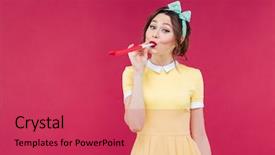  Presentation with whistle - Presentation theme featuring amusing cute young woman in yellow dress standing and blowing in party whistle over pink background background and a red colored foreground