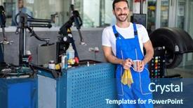  Presentation with machine shop - Amazing PPT layouts having an auto repair shop backdrop and a ocean colored foreground