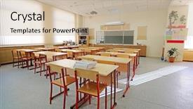  Presentation with class - Colorful slide deck enhanced with an empty school class backdrop and a soft green colored foreground