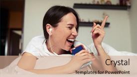  Presentation with music singing - Cool new PPT layouts with an enthusiastic female sing backdrop and a coral colored foreground