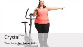  Presentation with exercise bike - Presentation theme with an overweight woman leaning background and a light gray colored foreground