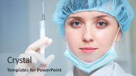  Presentation with syringe - Amazing PPT layouts having anaesthesia - close-up of a woman doctor backdrop and a light blue colored foreground