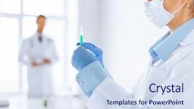  Presentation with injection - Theme consisting of anaesthesia - close up of female doctor background and a sky blue colored foreground