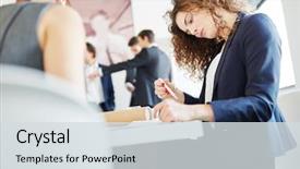  Presentation with renovation project - Cool new presentation theme with anal - businesswoman thinking and analizing start-up backdrop and a  colored foreground