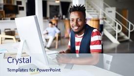  Presentation with monitor computer - Presentation design consisting of analist - african-american employee analyst or designer background and a  colored foreground