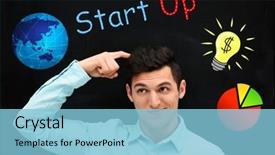  Presentation with trainer - PPT theme featuring analisys - attractive young man on blackboard background and a  colored foreground
