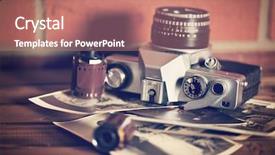  Presentation with retro - Slide deck consisting of analogic - retro camera on wooden table background and a coral colored foreground