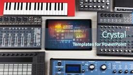  Presentation with electronic music - PPT layouts enhanced with analog electronics - electronic music instruments microphone piano background and a ocean colored foreground