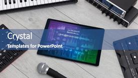  Presentation with electronic music - Slide deck with analog electronics - electronic music instruments microphone piano background and a ocean colored foreground