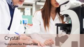  Presentation with laboratory - PPT theme with analytical chemistry - researchers at work background and a soft green colored foreground