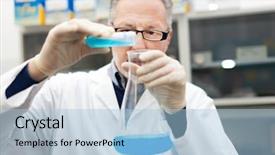  Presentation with scientist - PPT theme with analytical chemistry - scientist filling an erlenmeyer flask background and a light blue colored foreground