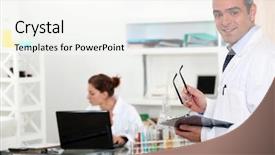  Presentation with laboratory - Presentation theme with analytical chemistry - team of researchers working background and a white colored foreground