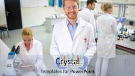  Presentation with test tubes - Colorful presentation design enhanced with analytical chemistry instrumental - smiling chemical technician hold colorful backdrop and a light blue colored foreground
