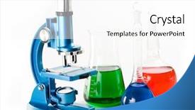  Presentation with flasks - Slide deck having analytical chemistry instrumental - various colorful flasks and blue background and a white colored foreground