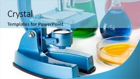  Presentation with flasks - Beautiful presentation theme featuring analytical chemistry instrumental - various colorful flasks and blue backdrop and a light blue colored foreground