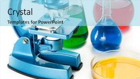  Presentation with flasks - Presentation theme with analytical chemistry instrumental - various colorful flasks and blue background and a light blue colored foreground