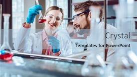  Presentation with lab test - Cool new PPT theme with analytical-chemists-working backdrop and a light blue colored foreground
