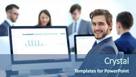  Presentation with economic - Amazing slide deck having analytical thinking - businessman analyzing economic graphs backdrop and a ocean colored foreground