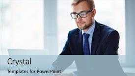  Presentation with electronic - Amazing PPT theme having analyze - serious businessman analyzing electronic data backdrop and a light blue colored foreground