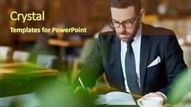  Presentation with trader - Amazing PPT theme having analyze organizations - elegant trader sitting in cafe backdrop and a tawny brown colored foreground