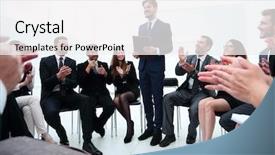  Presentation with coach - PPT layouts featuring analyzing audience - business team applauding the coach background and a white colored foreground