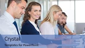  Presentation with taking notes - Colorful theme enhanced with analyzing audience - portrait of beautiful mature businesswoman backdrop and a teal colored foreground