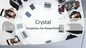  Presentation with round table - Beautiful presentation theme featuring analyzing audience - view from the top meeting backdrop and a cool aqua colored foreground