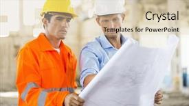  Presentation with construction occupational safety and health - Presentation design with swimming pool technician cleaner taking rest break on the edge of large indoor pool background and a light blue colored foreground