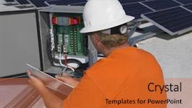  Presentation with electrical engineer solar - Cool new slide set with analyzing electricity box at solar backdrop and a red colored foreground