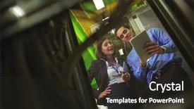  Presentation with using digital tablet - Colorful slides enhanced with analyzing server in server room backdrop and a wine colored foreground