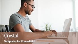  Presentation with young man holdng laptop on lap money - Presentation enhanced with analyzing text - happy african young man dressed background and a coral colored foreground