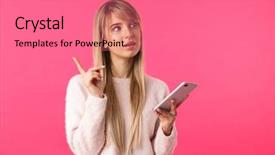  Presentation with young woman - Cool new presentation with analyzing text - pensive young blonde woman wearing backdrop and a coral colored foreground