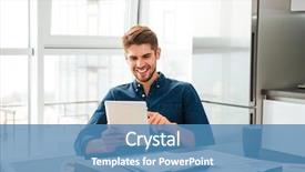  Presentation with man looking up happy - Cool new PPT theme with analyzing text - photo of smart young man backdrop and a teal colored foreground