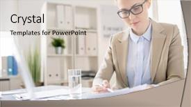  Presentation with business office desk - Slide set featuring analzing - serious concentrated business lady background and a lemonade colored foreground