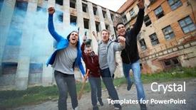  Presentation with director in the making - Colorful slides enhanced with anarchy - portrait of furious strikers making backdrop and a gray colored foreground
