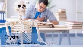  Presentation with skeleton - Presentation theme featuring anatomical heart - student skeleton listening to lecture background and a  colored foreground