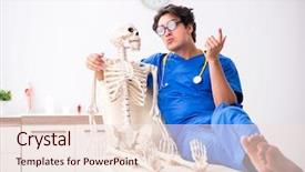 Presentation with doctor in hospital health insurance related icons healthcare person saving medical - PPT layouts with anatomy - funny doctor with skeleton background and a lemonade colored foreground