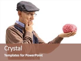  Presentation with brain - Colorful PPT layouts enhanced with anatomy - pensive senior looking backdrop and a violet colored foreground