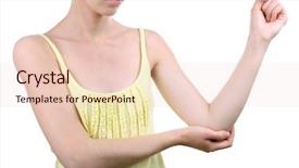  Presentation with pain - Audience pleasing slide deck consisting of anatomy ellbow - young woman with elbow pain backdrop and a lemonade colored foreground