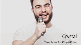  Presentation with microphone - Colorful theme enhanced with anchorman - entertainer young talking man holding backdrop and a light gray colored foreground