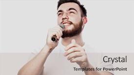  Presentation with microphone - Colorful presentation theme enhanced with entertainer young talking man holding backdrop and a soft green colored foreground