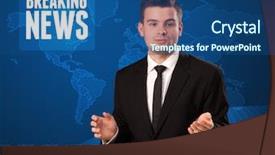  Presentation with breaking news - Slides enhanced with television presenter in front telling breaking news with blue modern background concept background and a ocean colored foreground