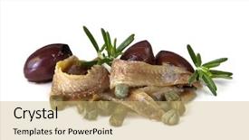  Presentation with black baby - Audience pleasing PPT theme consisting of anchovy fillets with baby capers pitted black olives and rosemary isolated on white backdrop and a yellow colored foreground